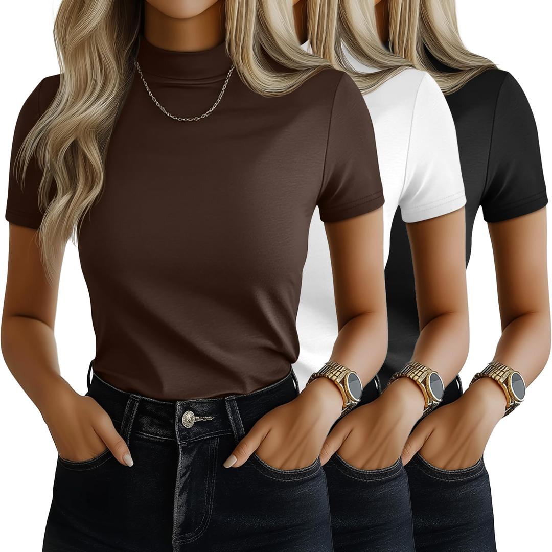 Ficerd 3 Pack Women's Mock Neck Shirts Short Sleeve Turtleneck Tops Slim Fitted Dressy Casual Tees Summer Basic Tshirts 2026, M