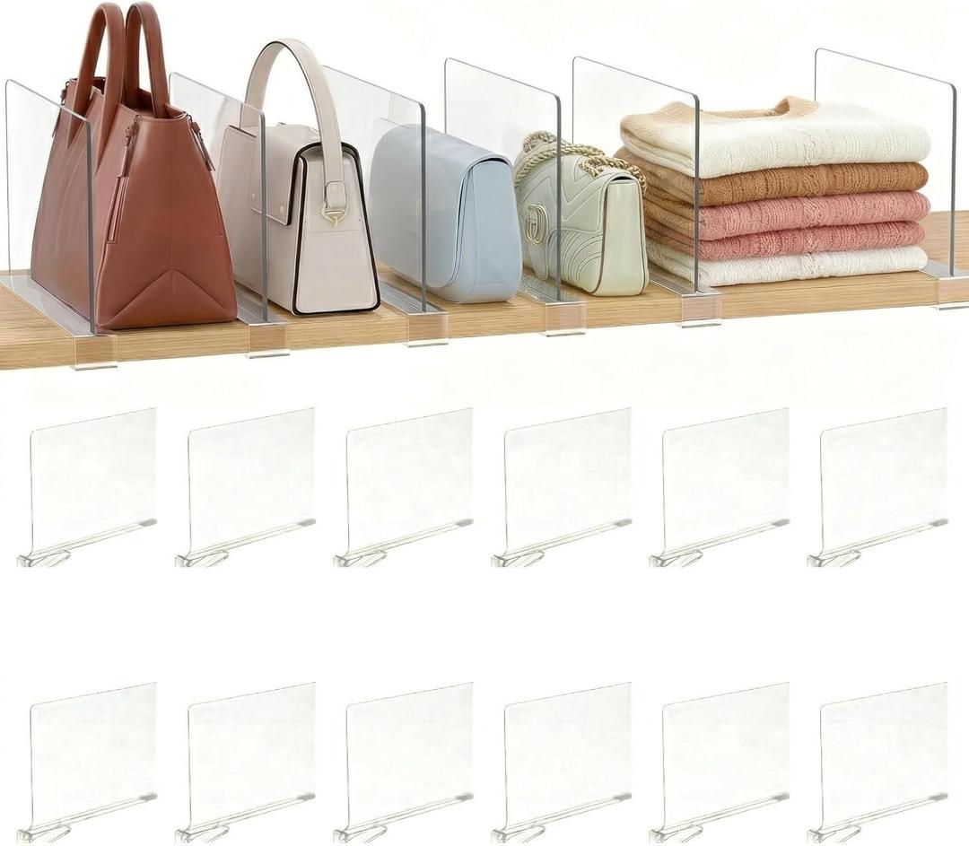 Acrylic Shelf Dividers, 12 Pack Clear Closet Shelf Organizer, Slide-On Vertical Dividers for Sweaters, Shirts, Towels & Handbags, Fits 3/4 in Shelves, 11 x 8 in