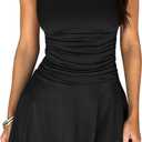 GOKATOSAU Women's Square Neck Sleeveless Bodycon Ruched Waist Flowy A-Line Ruffle Hem Mini Dress Black (Black, M)