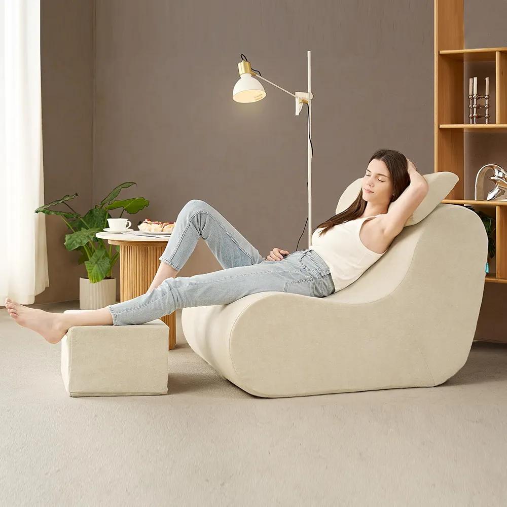Hansleep Bean Bag Chair for Adults, High-Density Foam Reading Chair with Ottoman, Cozy Beanbag Sofa Chair with Waist Support for Living Room, Bedroom, Beige