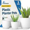 Eco Friendly Plant Pot Set -5-Pack Home Decor Flower Indoor and Outdoor Plastic Pots with Drainage Holes, Assorted Sizes (7", 6.6", 6", 5.3", 4.8") - Stackable Garden Versatile Planters (White)