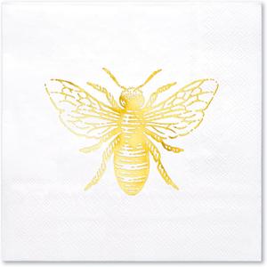 WRAPAHOLIC 50Pcs Bee Wedding Napkins - 3-Ply Gold Foil Bee Disposable Paper Luncheon Napkin for Engagement Wedding Party Supplies Tableware - 6.5 x 6.5 In
