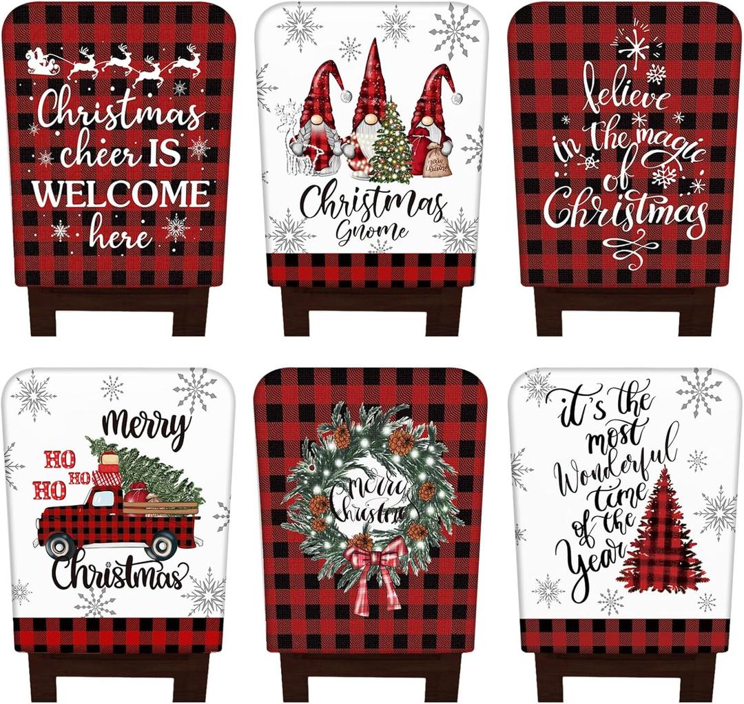 6 Pcs Christmas Chair Covers Red Black Buffalo Plaid Chair Back Covers Xmas Chair Protector Slipcovers Washable Winter Dining Room Seat Covers for Home Hotel Kitchen Decorations