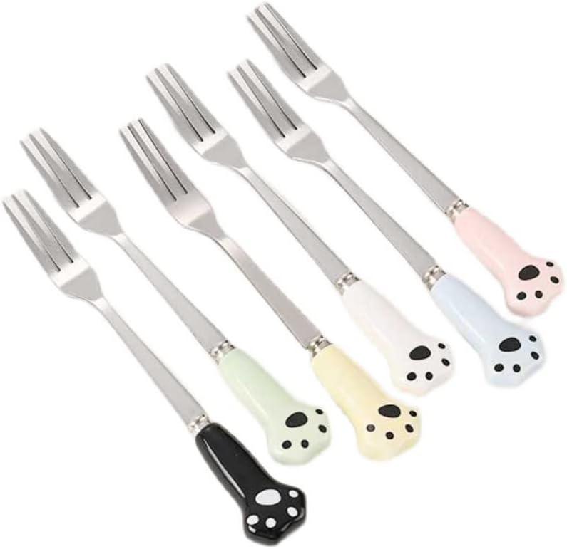Cute Cat Paw Steel Forks, Dessert Forks, 3-Tine Portable Cocktail Salad Fruit Forks for Party Travel, Set of 6, 5.1 Inches