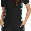 Tournesol Women's Rash Guard 2 Piece Short Sleeve Swim Shirt with Shorts Swimsuit with Bra Bathing Suit Plus Size with Pocket (Large, Pocket & Black & Purple Flower)