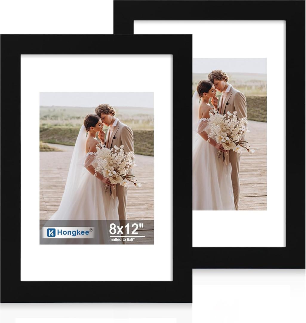 Hongkee 8x12 Picture Frame Set of 2, Made of Real Glass and Black Wooden Frame - Display Pictures 6x8 with Mat or 8x12 Without Mat, 8 by 12 Photo for Wall or Tabletop