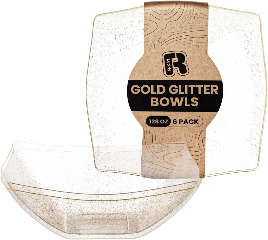R-kay 6 Pack Extra Large Gold Glitter Serving Bowl - 128 Ounce Gold Plastic Serving Bowls For Entertaining - Plastic Bowls For Salads And Snacks - Disposable bowls For All Occasions
