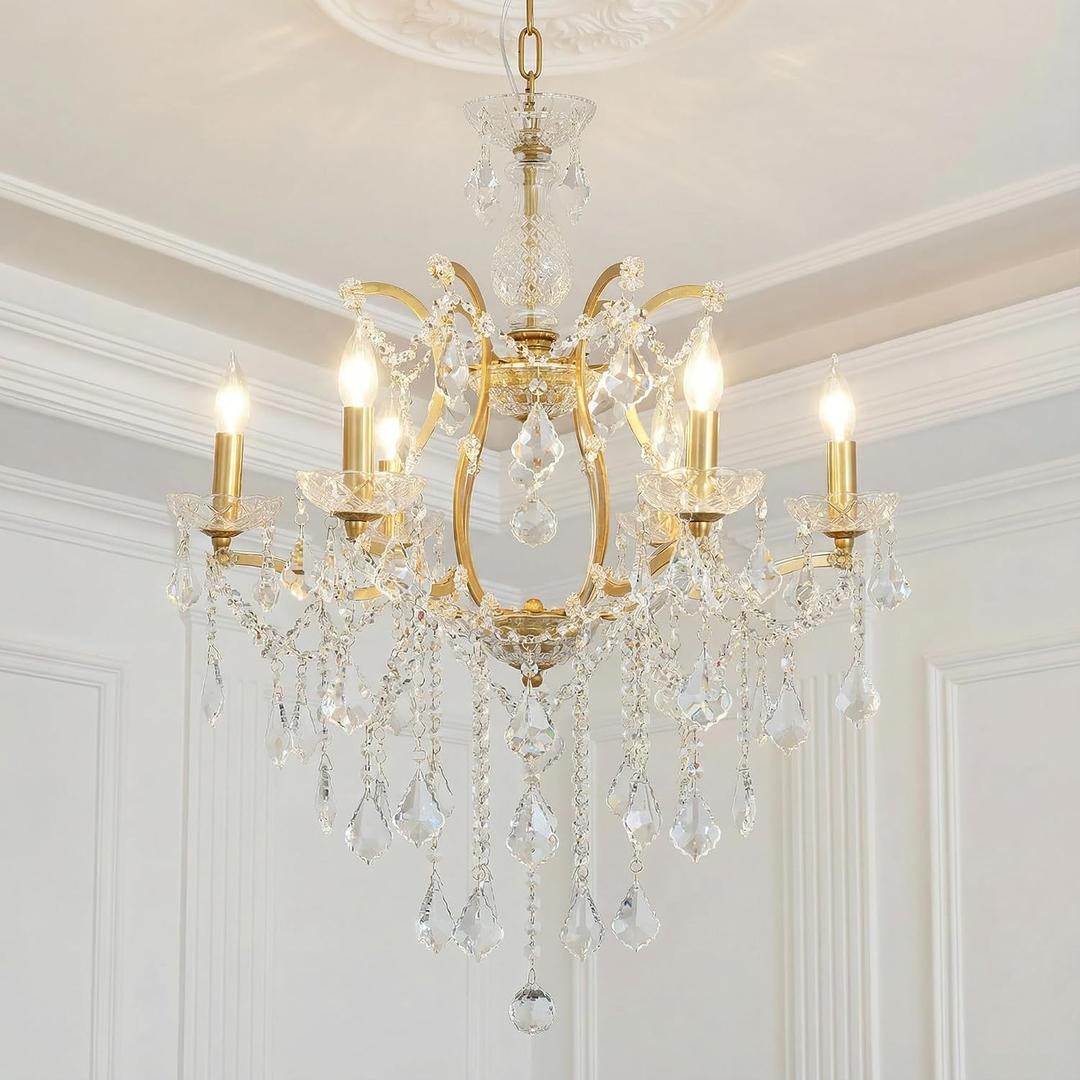 Vintage Gold Crystal Chandelier 6-Light Candle Style Pendant Light
K9 Crystal, Polished Golden Metal Frame, Pre-installation Chandelier Arms, Adjustable Chain, For Dining Room Entryway Bedroom