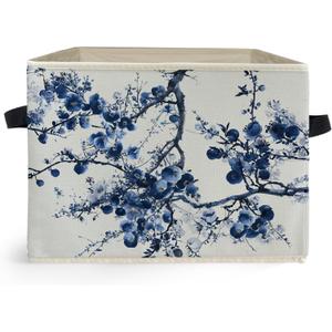 Chinoiserie Blue Floral Storage Box Bins, Blue and White Oriental Flower Tree Collapsible Storage Basket Organizer for Bedroom Laundry Room Home Clothes Toys Books, Toybox for Girls