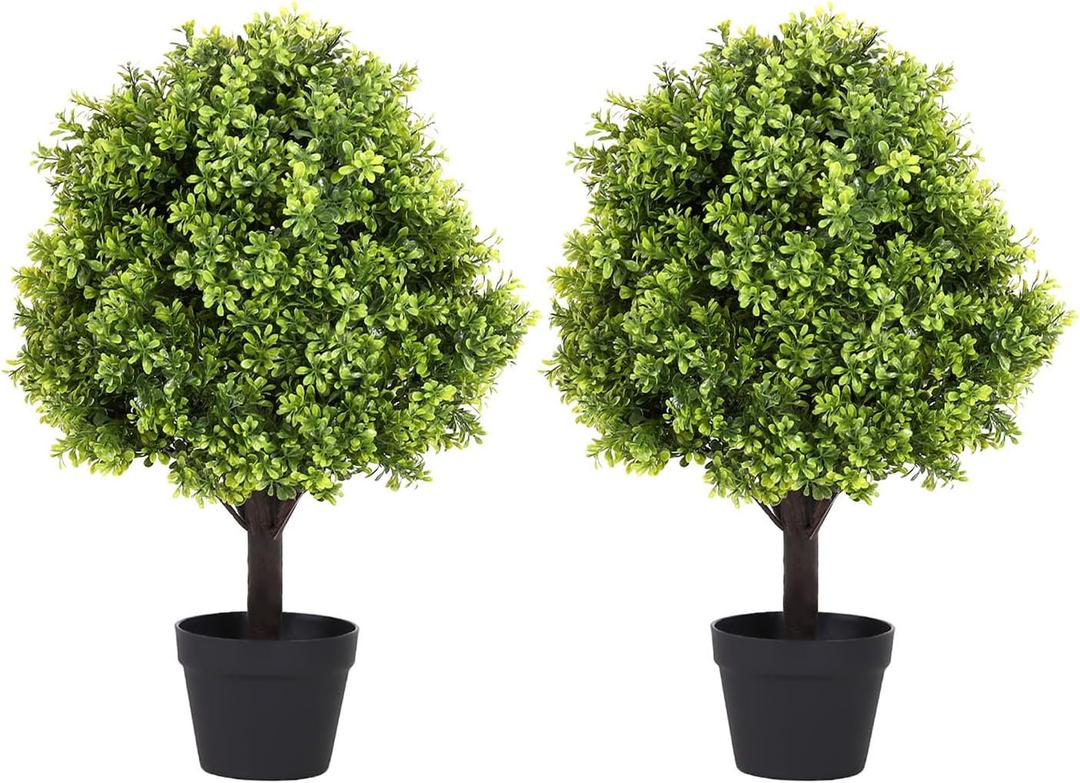 27 Realistic Artificial Boxwood Topiary Trees Set of 2, Faux Boxwood Plants Outdoor UV-Resistant, No Maintenance Curb Appeal Fake Evergreen Bushes & Shrubs for Front Porch Outside Planter Decor