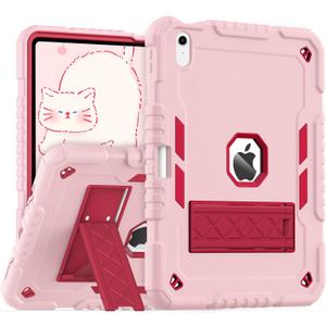 ZoneFoker for iPad (A16) Case 11th Generation 11 inch 2025 / iPad 10th Generation 10.9 inch 2022, Heavy Duty Durable i Pad 11/10 Gen Cover with Pencil Holder/Stand (Pink+Red)