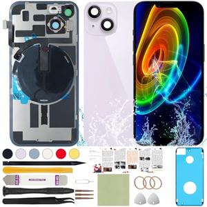 ReuWeu Back Cover Replacement Glass Compatible with iPhone 14 Plus All Carriers 6.7" + Pre-Installed Plate + Wireless Charging Coil Flex Cable + Microphone + Flashlight + Camera Frame (Purple)