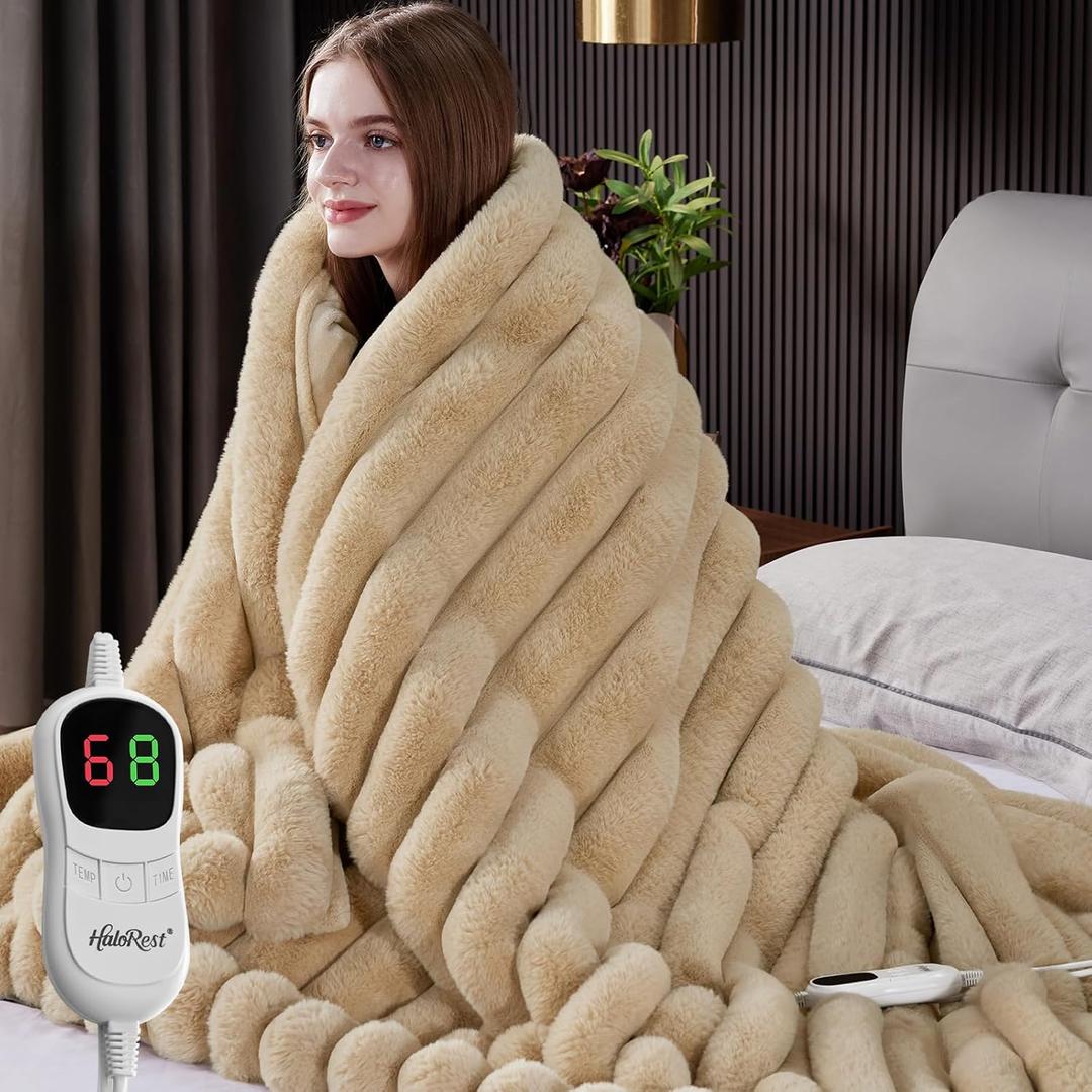 Heated Blanket Twin Size, Faux Fur Cozy Heating Blanket with Overheat Protection, 1/2/4/6/8 Hours Auto-Off 10 Heat Level, Machine Washable (62x84 Inches, Beige)