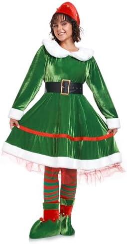 WeGuard Elf Costume for Women 5pcs Christmas Outfit Adult Santa Dress Plus Size with Hat Belt Shoes Cover Socks Xmas, Size XL