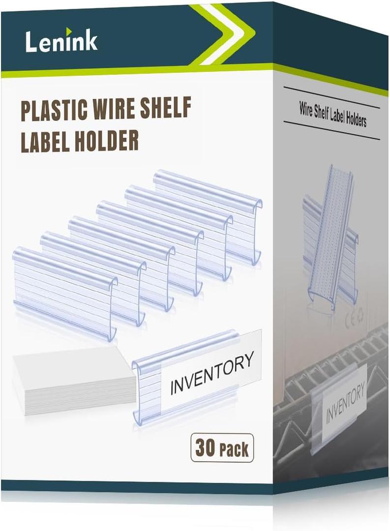 Lenink 30Pcs Wire Shelf Label Holders,Plastic Wire Rack Label Holder,Compatible with Metro 1-1/4in Shelves,Label Area 3in Lx1.25in H (Label Paper Insert Included)