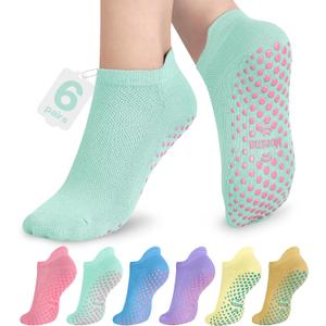 Muezna 6 Pairs Pilates Grip Socks for Women, Non Slip Yoga Socks with Grips, Grippy Socks for Barre, and Hospital (Blue), M