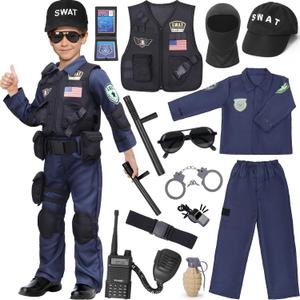 Latocos 15 PCS SWAT Police Officer Costume for Kids with Vest Accessories Cop Dress Up Role Play Set for Halloween Cosplay