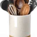 Nucookery 360Rotating Utensil Holder, 7.2" Large Utensil Crock, Ceramic Cooking Utensil Organizer with Countertop-Protection Cork Bottom for Farmhouse Kitchen Decor Christmas Thanksgiving Gift (Sand)