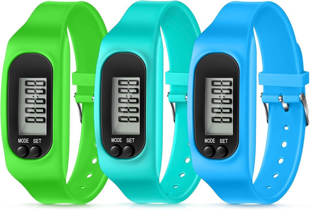 Silicone Fitness Tracker Watch 3 Pcs Walking Running Pedometer Calorie Burning and Step Counting Bracelet Steps Pedometer Watch for Walking Men Women Kids (Mint Green, Green, Sky Blue)