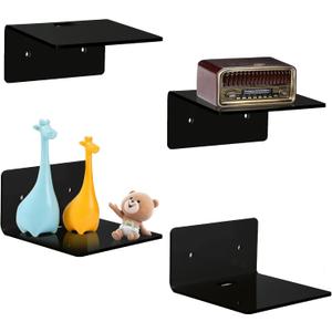 4 Pack Small Acrylic Floating Shelves, 4'' Acrylic Wall Shelves Display Ledges for Storage & Decoration, Mini Shelves for Wall with 2 Types of Installation (Adhesive or Screw) (Black)