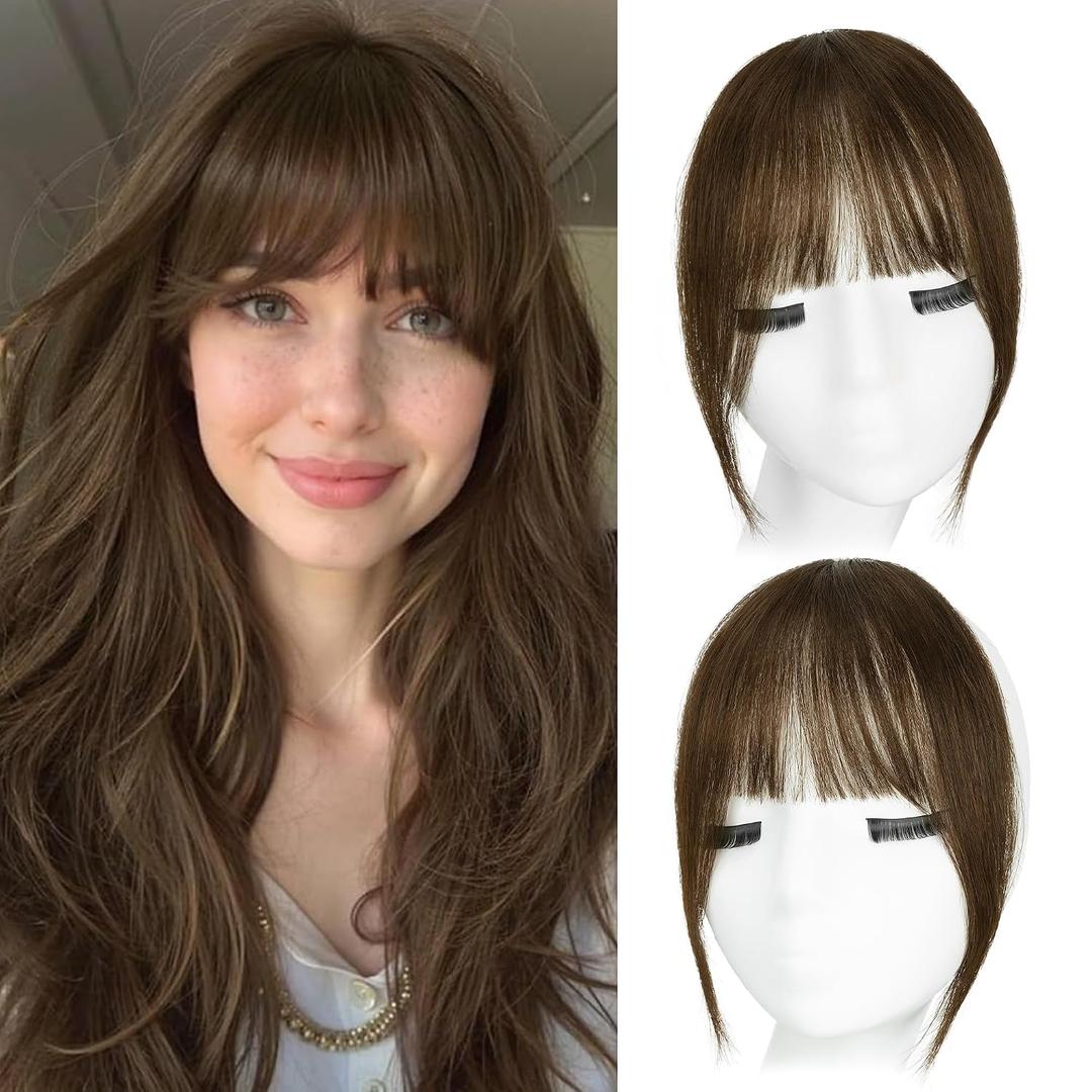 Yorda Bangs Hair Clip 100% Human Hair Clip in Bangs Fringe with Temples Wispy/French Bangs for Women Natural Looking for Daily Use (French Bangs, Medium Brown)