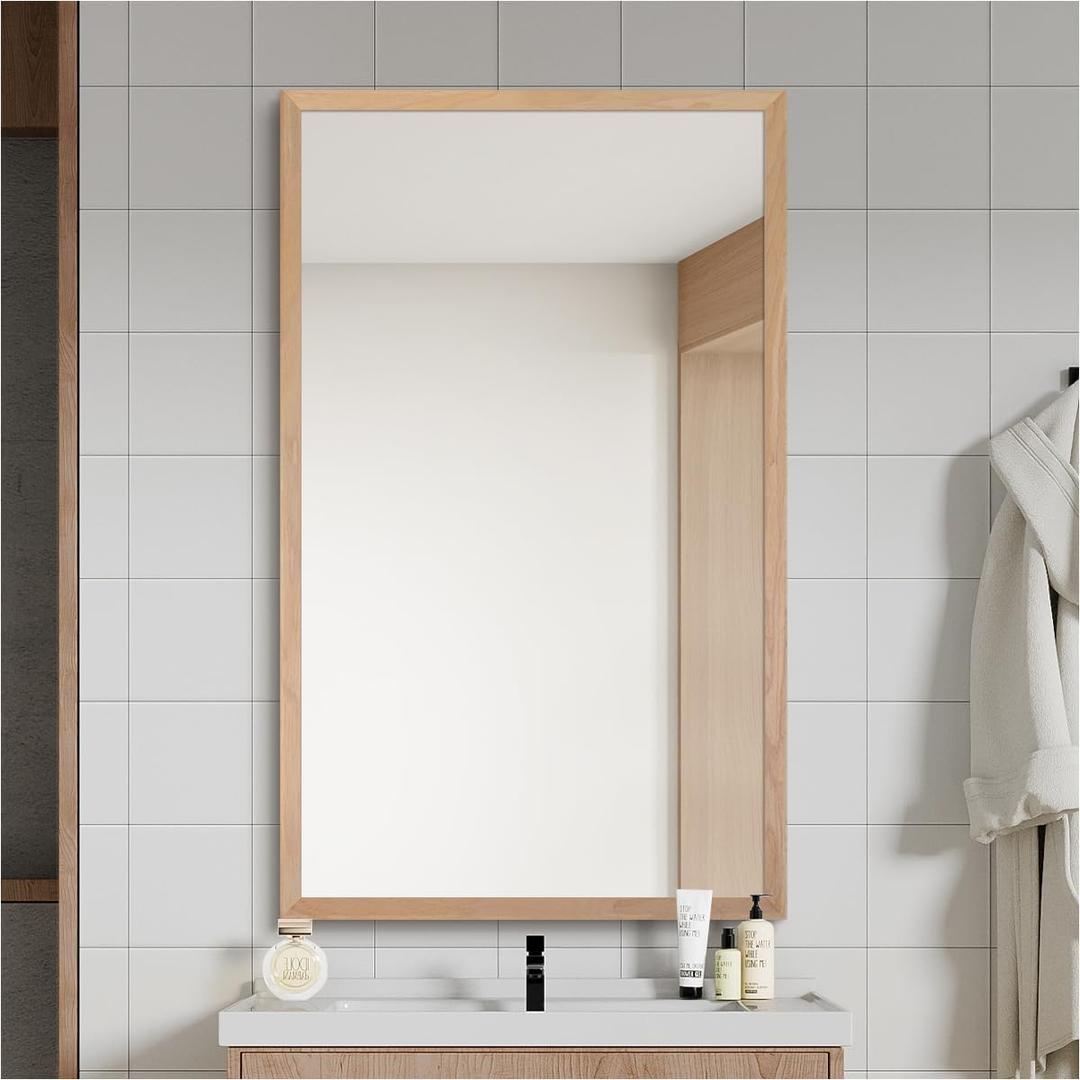 30" x 36" Natural Wood Framed Wall Mirror, HD Rustic Wooden Bathroom Vanity Mirror, Shatterproof, Waterproof, Rectangle Decor Farmhouse, Bedroom, Entryway, Horizontal/Vertical