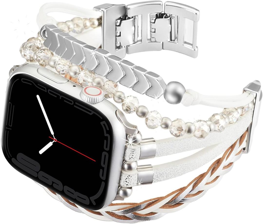 Bracelet Work for Apple Watch Bands 40mm 38mm 41mm Women, Boho Chic Leather Strap for Series 9 Apple Watch Bands with Silver Metal Buckle, Multilayer Wrap for iWatch Series 8 7 6 SE 5 4 3 Girl