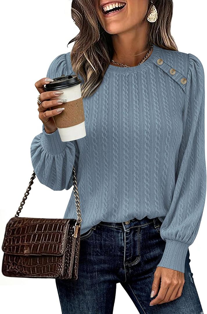 KIRUNDO Long Sleeve Shirts For Women 2025 Fall Trendy Textured Knit Going Out Tops Casual Dressy Crewneck Work Blouse Tunic (Large, Dusty Blue)
