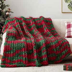 Chunky Knit Throw Blanket, 50''*60'' Knitted Throw Chenille Yarn for Bed Couch, Handmade Stripe Crochet Big Thick Blanket, Machine Washable Cute Comfy Blanket for Home Decor (Christmas)