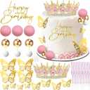 AMZVALU Crown Cake Topper, Balls Happy Birthday Cake Topper Pink Crown Birthday Candles Gold Butterflies, Corona Para Pastel, Cake Decorations for Birthday Wedding (Gold, Pink)