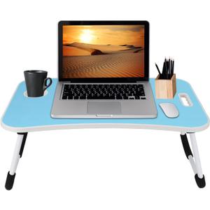 MAVOCRAFT Foldable Lap Desk Wood - Sofa & Bed Table for Laptop - 23 x 15 Folding Lap Desk - Suitable Tablet and Laptop Bed Desk  Include iPad Slot and Cup Holder (Blue)