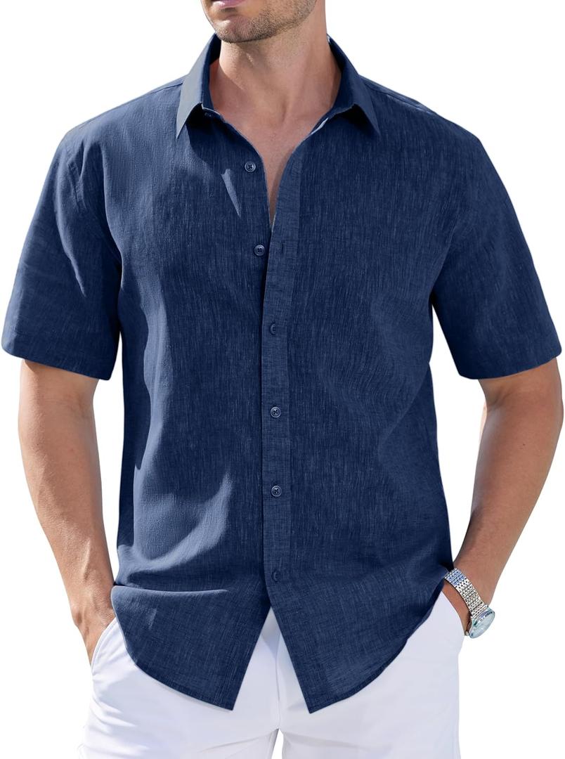 Mens Linen Shirts Short Sleeve Button Down Summer Beach Casual Shirt Regular Fit Untuckit Lightweight Breathable (Blue, S)