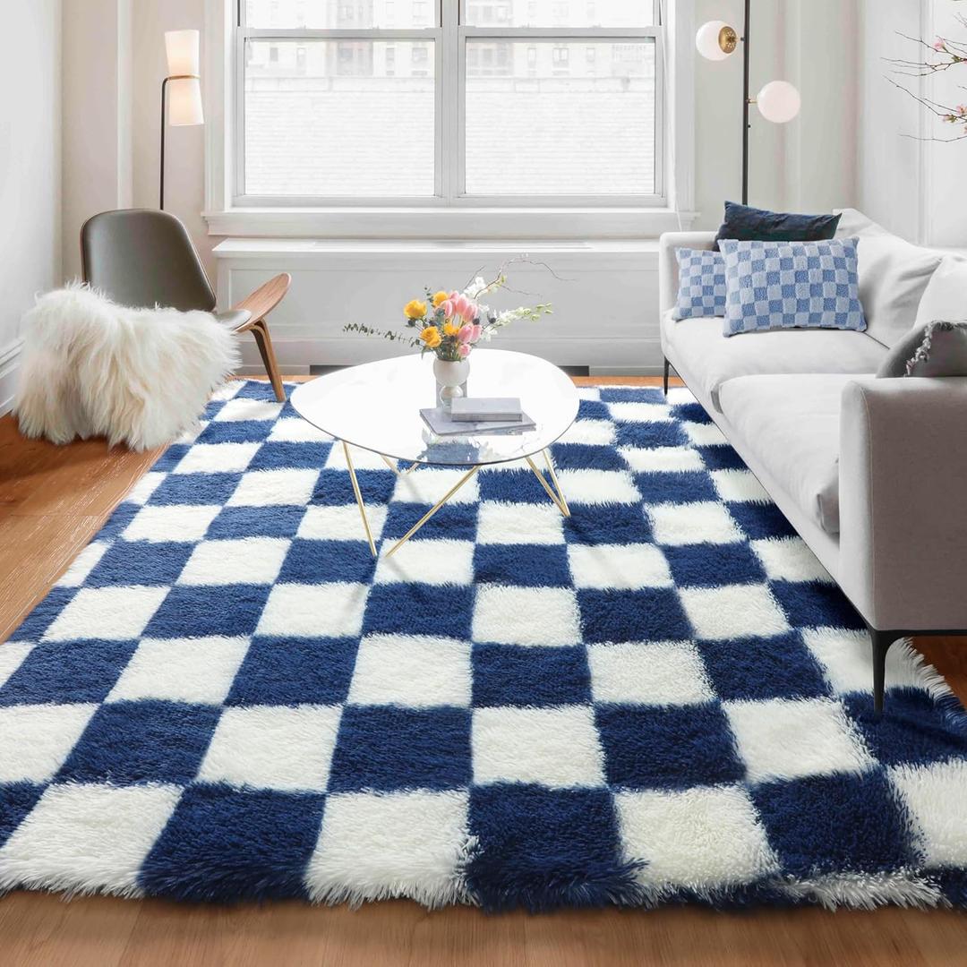 KICMOR Rugs for Living Room, Soft Fluffy Checkered Shag 5x8 Area Rug Large Big Fuzzy Shaggy Bedroom Plush Carpet, Navy Blue and Cream White Rug for Kids Boys Girls Dorm Nursery Home Decor Aesthetic