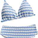 RoseSeek Girl's Tie Dye Smocked 2 Piece Swimwear Sets Backless Halter Bikini Cute Brief Bathing Suit Blue and White, 10 Years