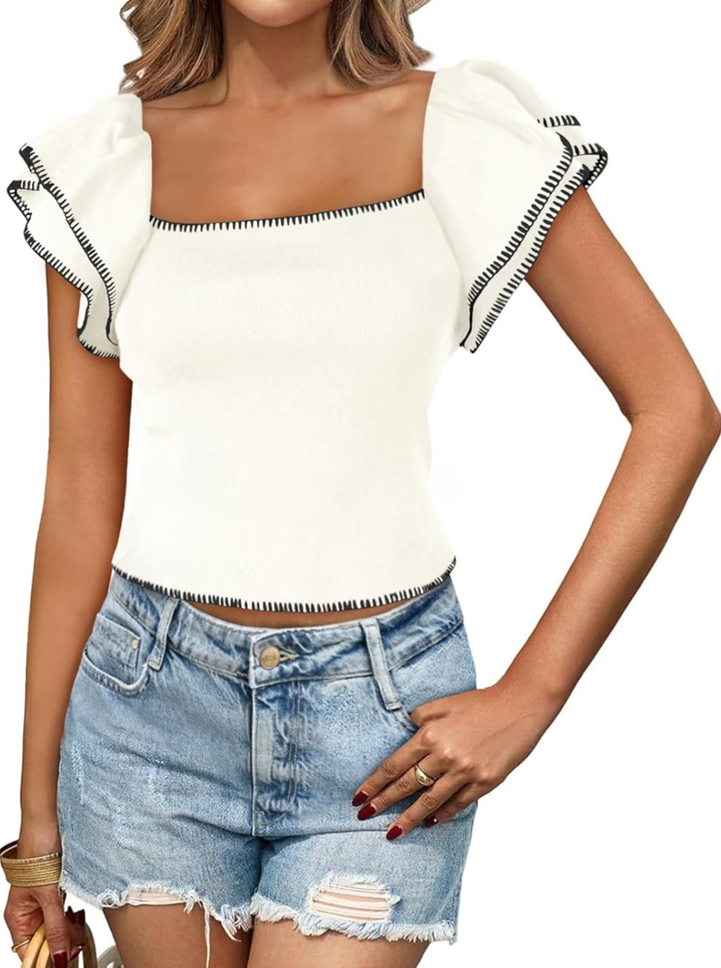 Saodimallsu Women's Square Neck Ruffle Short Sleeve Cropped Sweater Medium