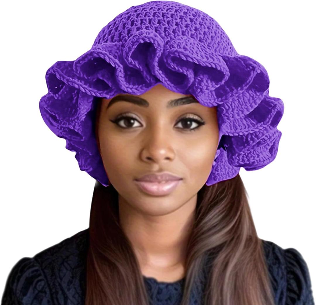 Women Crochet Bucket Hat Cute Winter Ruffled Brim Floppy Cap Handmade Knit Cloche Hats (Purple)