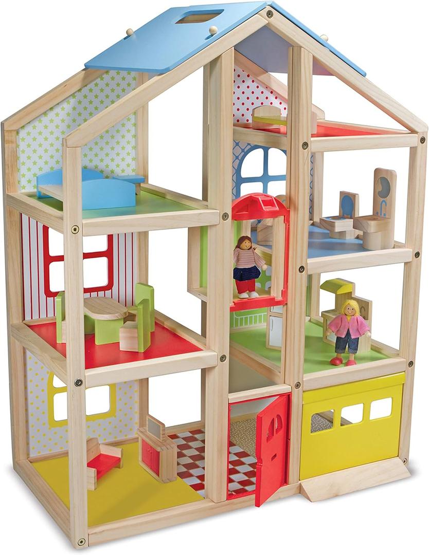 Melissa & Doug Wooden Hi-Rise Dollhouse with 15 Furniture Pieces, Garage, Working Elevator Preschool Dollhouse for Kids Ages 3+