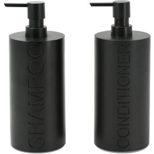 2-Pack Matte Black Resin Refillable Shampoo & Conditioner Bottles Modern Bathroom Pump Dispenser Set, Durable Resin Shower Containers with Embossed Labels, Reusable Pump Bottle