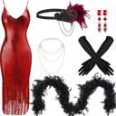 Tisancy 7 Pcs 1920s Women's Flapper Dress Sequin Dress Costume Headwear Earring Necklace Glove Stick Set and Long Feather Boa (Red, Medium)