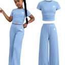 SOLY HUX Girl's Bow Print Short Sleeve T Shirt Pants Outfits (Blue)