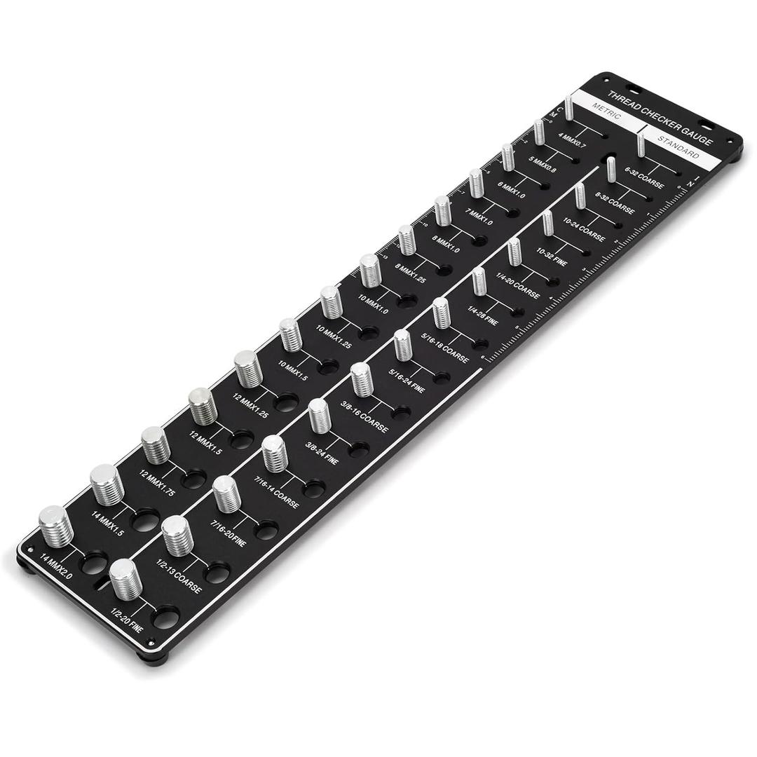 Thread Checker Standard and Metric, 28 Thread and Bolt Size Gauge, Nut and Bolt Thread Checker 14 Standard & 14 Metric, Wall-Mountable Nut Checker Featuring Drill Bit Gauge with Inch & Cm Ruler