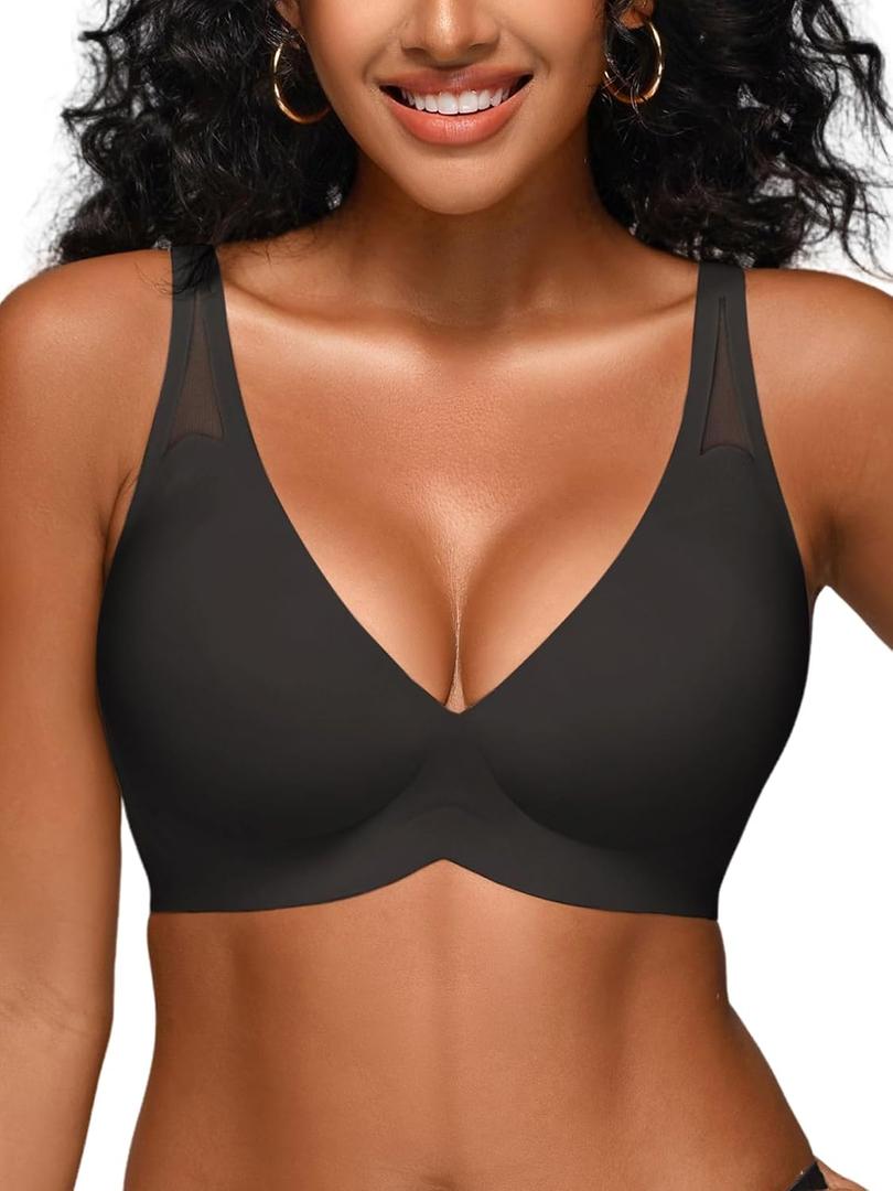 Jelly Bras for Women - S-L Wireless Deep V No Underwire Bralette with Support - Seamless Comfortable Padded T-Shirt Bra (Black, L)