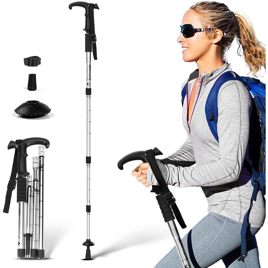 Telescopic Walking Cane 43 Inch with Anti-Shock & T-Grip Handle - 7075 Aluminum Quick Lock Trekking Pole, Ultralight for Hiking, Camping, Mountaineering
