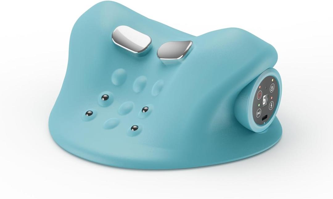 RINGCO Neck Massager Pillow with 3 Level Heating & Vibration Adjustable, Heated Neck Stretcher with 6 Modes, Rechargeable Cervical Traction Device for Pain Relief & Muscle Relaxation (Light Blue)