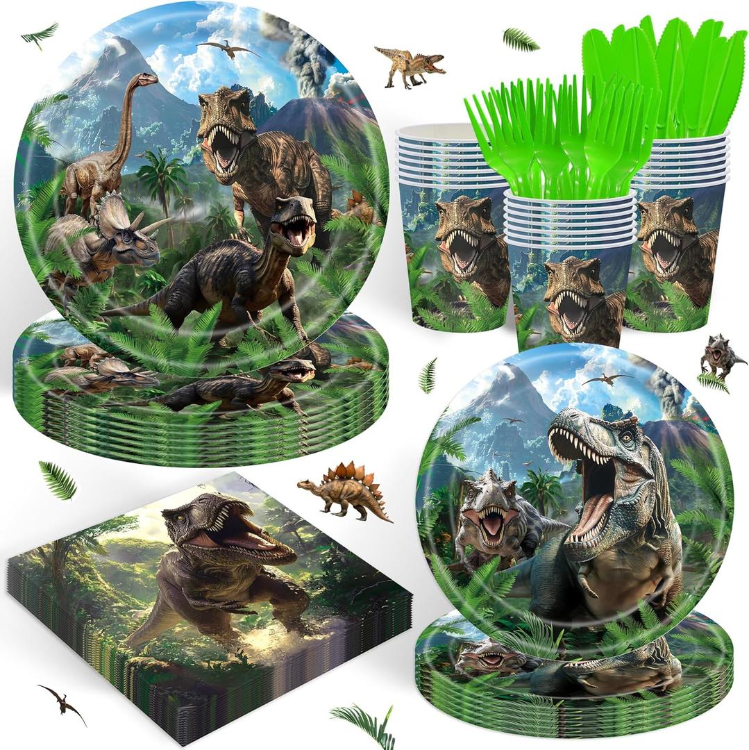 120PCS Dinosaur Party Birthday Supplies for Boys Kids Dino World Themed Tableware Set Dinosaur Park Party Decorations Tableware Set Plates Napkin Cups Set for 20 Guests