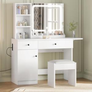 IDEALHOUSE White Vanity Desk with LED Lighted Mirror & Power Outlet, Makeup Vanity with Drawers & Cabinet & Chair, Vanity Table Set for Bedroom