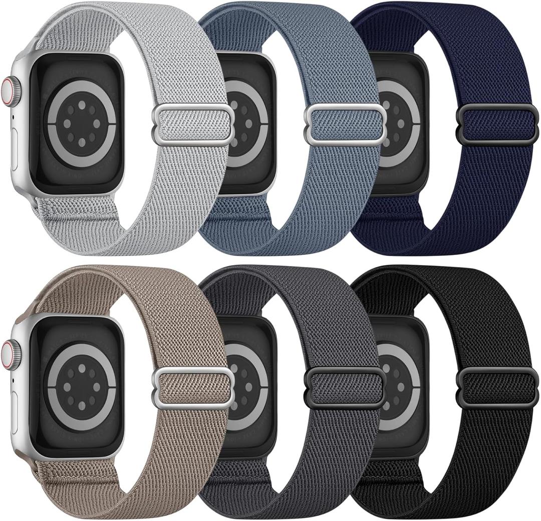 6 Pack Stretchy Solo Loop Compatible with Apple Watch Band 45mm 46mm 44mm 42mm 49mm 41mm 40mm 38mm Men Women, Braided Elastic Nylon Strap for iWatch Series 10 9 8 7 6 5 4 3 11 SE SE 2/3 Ultra Ultra 2 (Black/DarkGrey/BlueGrey/MidnightBlue/Stone/StoneGrey)