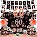 33PCS 60th Birthday Decorations Kit for Women, Happy 60 Birthday Banner Party Supplies, Rose Gold Sixty Year Old Birthday Balloon Backdrop Honeycomb Centerpiece Hanging Swirls Gifts