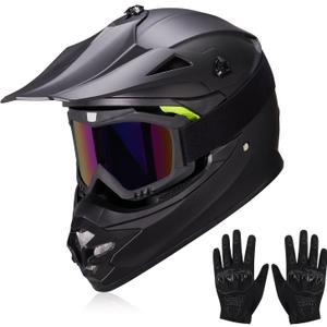Youth Kids Dirt Bike Helmets Motocross Offroad ATV BMX MX Dirtbike Motorcycle Helmet J-01 with Goggles and Gloves DOT Approved, XL