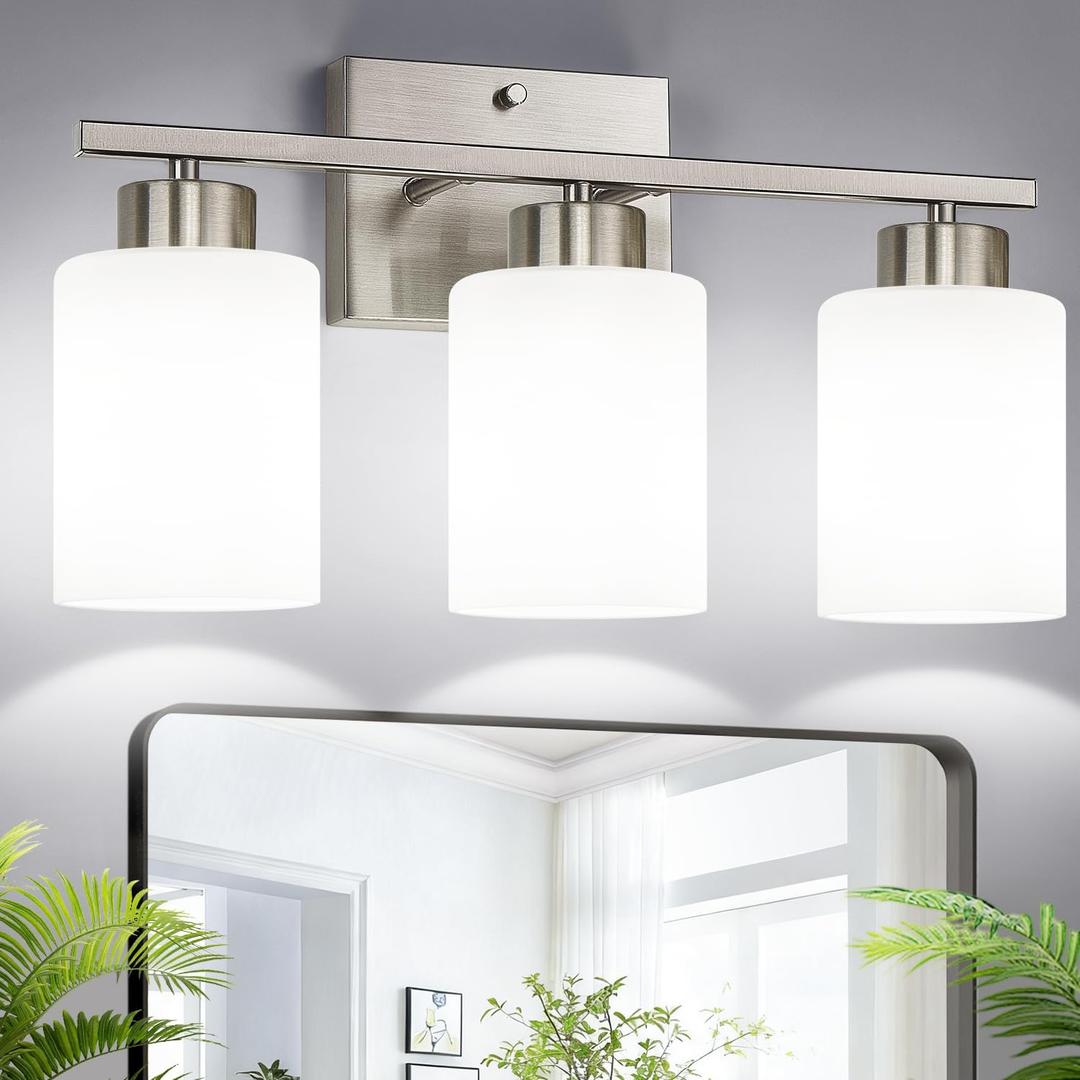 Brushed Nickel Bathroom Light Fixtures with Milk Glass Shades, Eye-Friendly 3 Light Vanity Lights for Bathroom, Vanity Lights with E26 Socket (Bulbs Not Included), for Mirror, Bedroom, Hallway